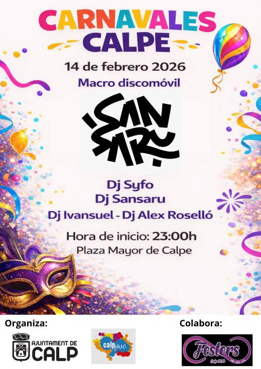 Calp celebrará los Carnavales 2026 con fiesta infantil por la tarde y macro discomóvil nocturna