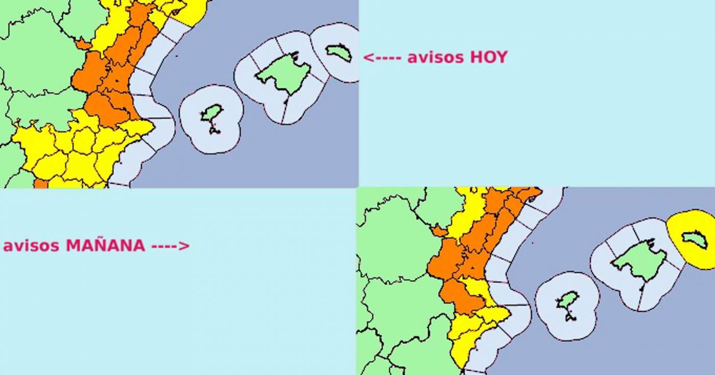 Imagen de Aemet de avisos activos hoy y mañana. EFE/Aemet