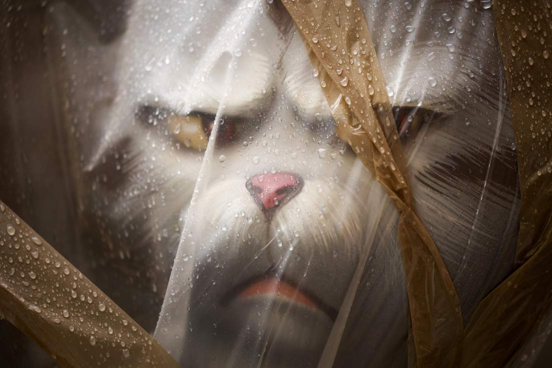 Detalle de un ninot protegido de la lluvia con plástico. EFE/Biel Aliño