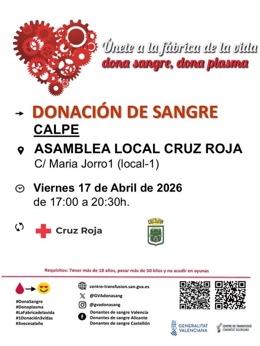 Calp acoge una nueva jornada de donación de sangre el 17 de abril en Cruz Roja