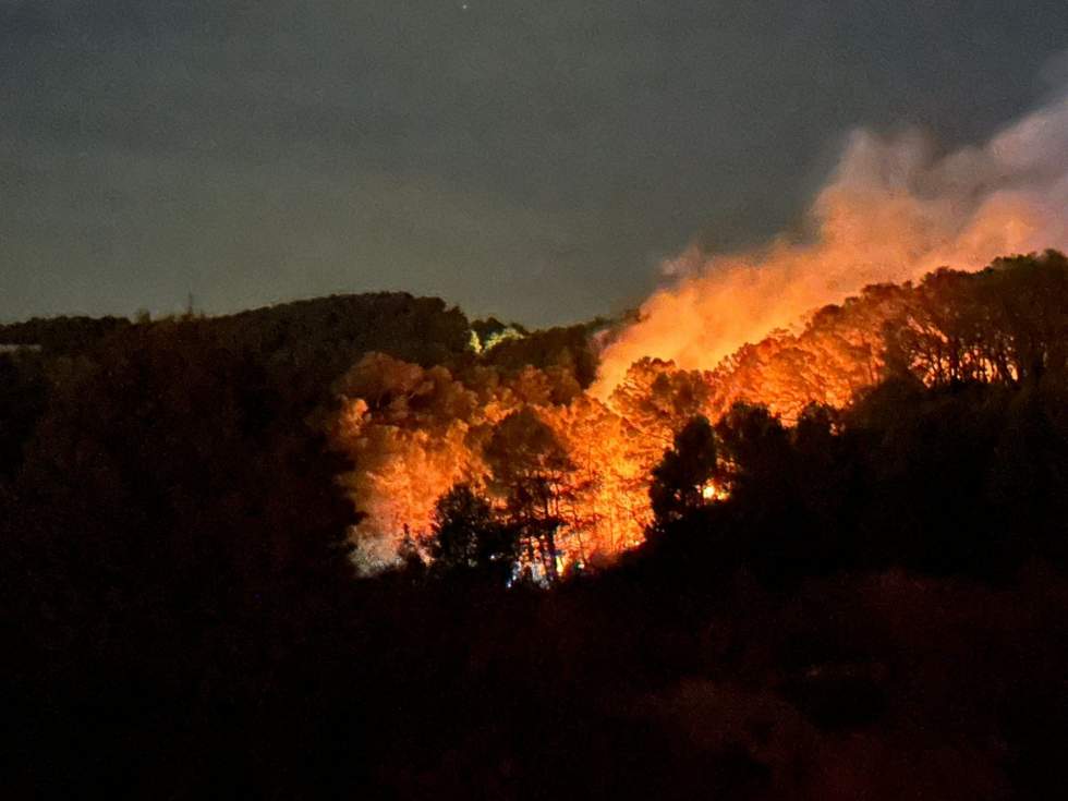Las llamas avanzan entre la masa forestal de la partida Gargasindi de Calp durante la noche de este sábado.