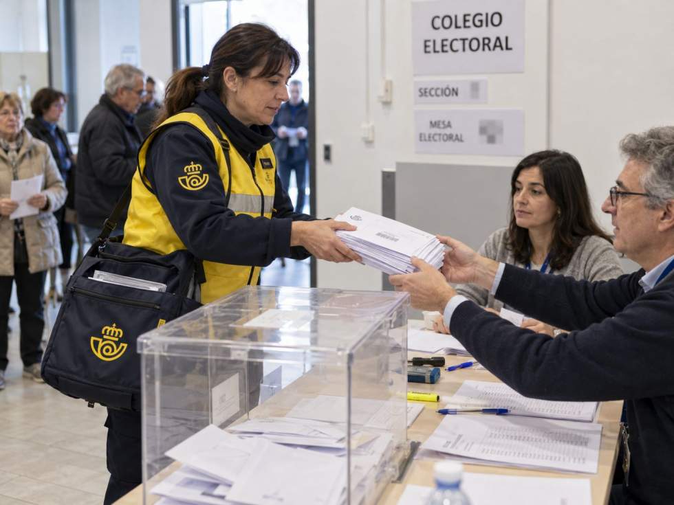 Recreaci&oacute;n de la entrega de votos por correo en un colegio electoral.